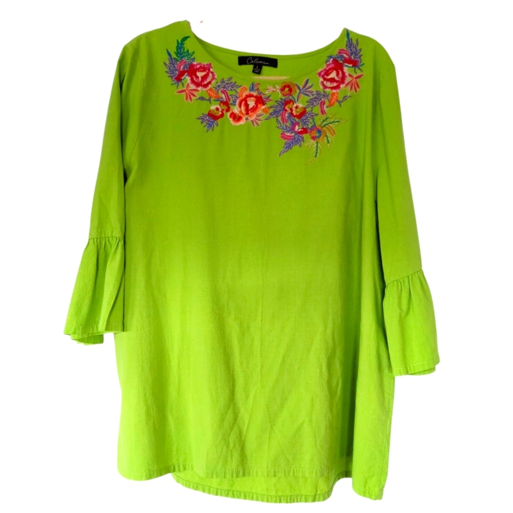 CALEOOA L Artsy Green Colorful‎ Embroidered BOHO Peasant Tunic Blouse